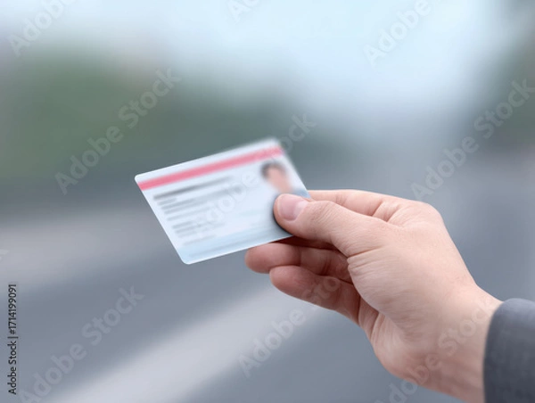 Fototapeta Driver holds license card offering advice on safe driving and identification in blurred outdoor setting