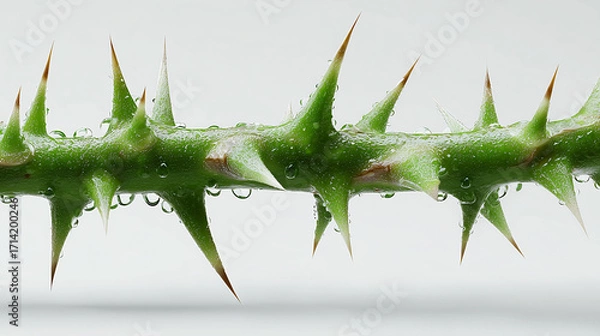 Fototapeta Macro View of Green Stem with Long White Thorns and Water Droplets on White Background
