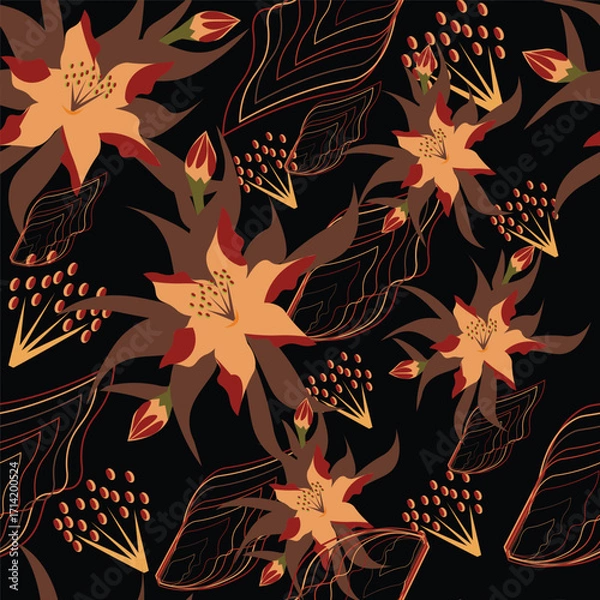 Fototapeta Print Autumn floral pattern stylized leaves fall foliage with vibrant leaves seasonal themed background illustration  wrapping paper, textiles, fabric, card, backgrounds, seasonal products, stroy,