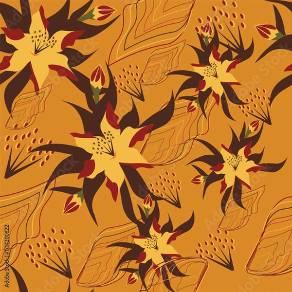 Fototapeta Print Autumn floral pattern stylized leaves fall foliage with vibrant leaves seasonal themed background illustration  wrapping paper, textiles, fabric, card, backgrounds, seasonal products, stroy,