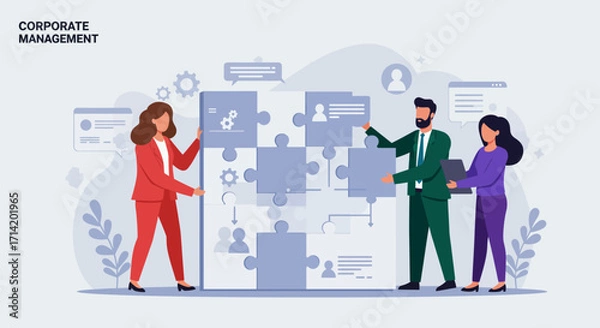 Fototapeta Collaborative team building concept with diverse business professionals solving puzzle