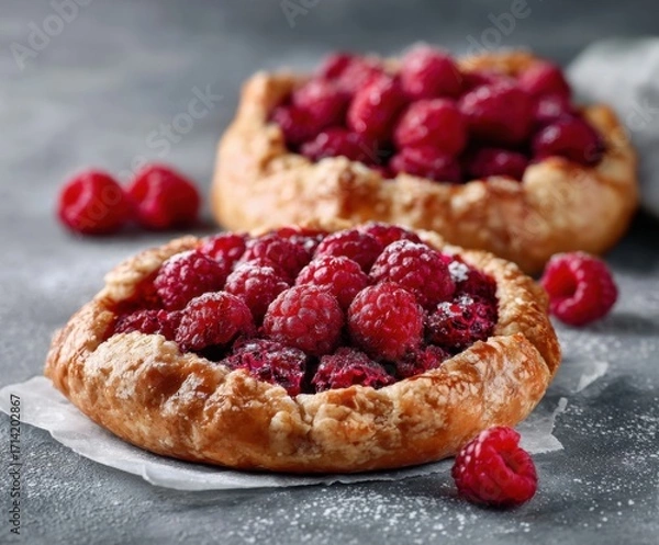 Fototapeta Beautiful round shape galettes with raspberries, copy space.