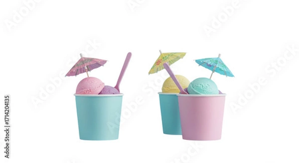 Obraz Ice cream scoops in paper cups with tiny paper umbrellas