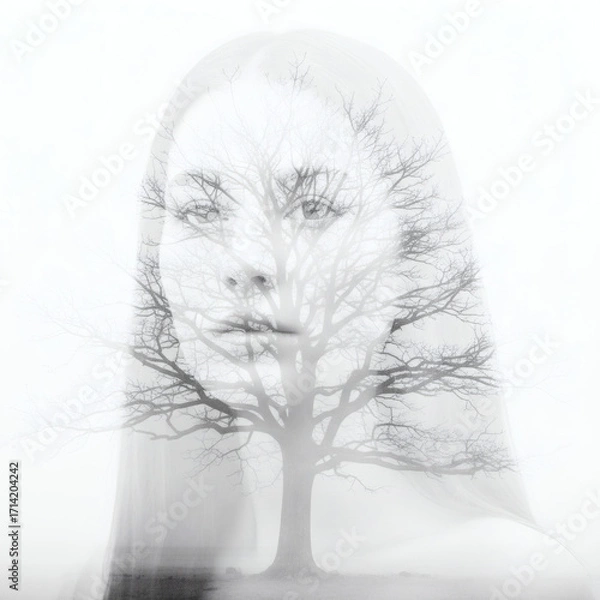 Fototapeta a picture of a young woman, overlaid by fog and an old oak tree, suitable for illustrating dreams or psychological topics
