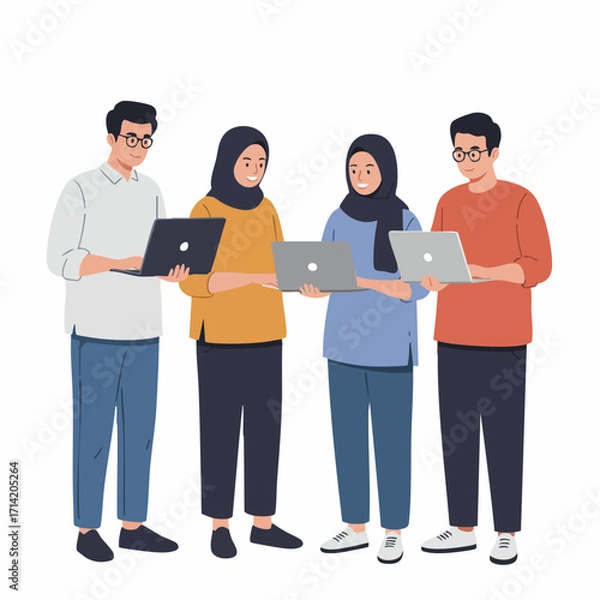 Fototapeta Modern Flat Illustration Diverse Team Working Together Using Laptop