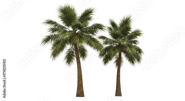 Obraz Two tall palm trees, green fronds, against white background