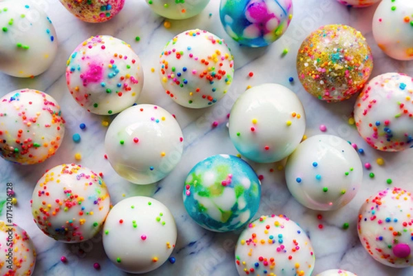 Obraz White marble with vibrant confetti-like specks in playful neon colors popping out of the veins