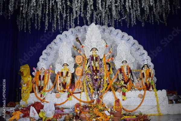 Fototapeta Goddess Durga with traditional look in close up view at a South Kolkata Durga Puja, Durga Puja Idol, A biggest Hindu Navratri festival in India