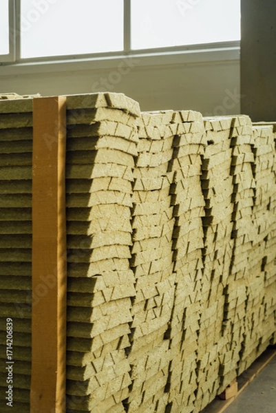 Fototapeta Basalt insulation, mineral wool for sandwich panels are stacked in a pack on top of each other, view from the side