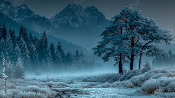 Fototapeta Snowy Landscape with Frost-Covered Pine Trees