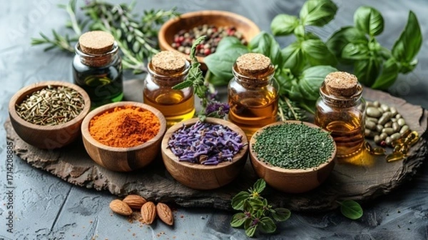 Fototapeta Natural medicine treatment with herbs, spices and essential oils promoting wellness