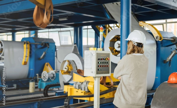 Fototapeta Industrial equipment for working with coil metal. Decoiler holds and unwinds metal coil. Slitting or cut-to-length line - cut coil metal into strips. Woman wearing helmet is working there