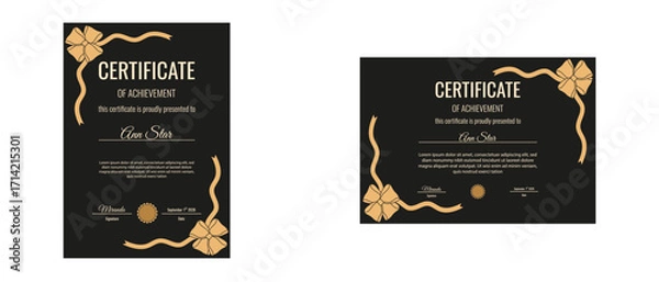 Fototapeta Coquette. Luxury. Vector elegant horizontal and vertical royal Certificate template design with gold bow and ribbon isolated transparent background. Coquette Certificate diploma award layout set