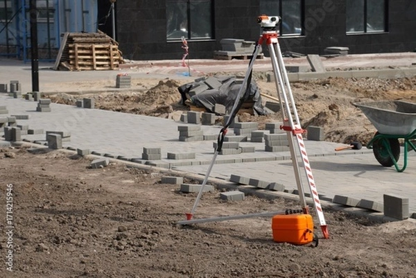 Obraz Surveying equipment positioned on an active construction site with paving in progress. Bricks are laid out on prepared ground, indicating organized planning and development.