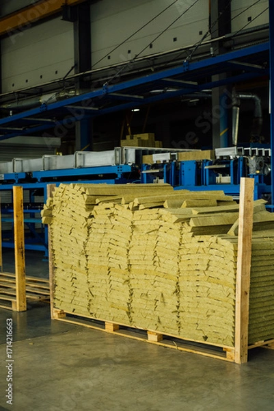 Fototapeta Basalt insulation, mineral wool for sandwich panels are stacked in a pack on top of each other, view from the side.