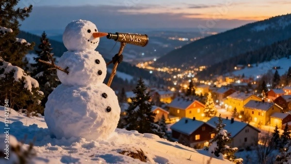 Fototapeta 언덕위눈사람의마을전망크리스마스풍경