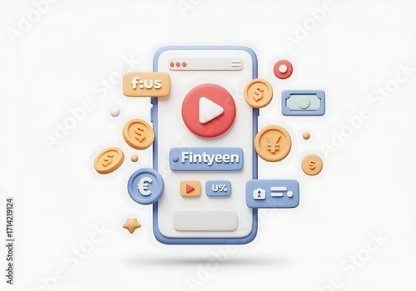 Fototapeta Digital finance application interface with social media influence and money elements showcasing investment opportunity and online business growth for fintech platforms