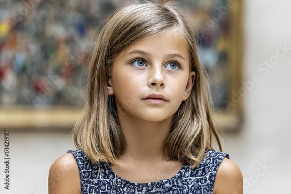 Obraz thoughtful girl stands in tranquil setting deeply engaged with abstract artwork that tells story