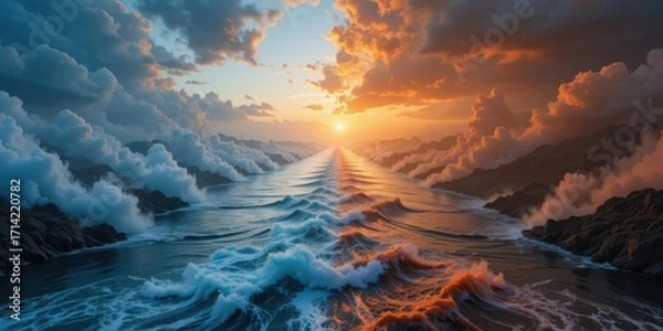 Fototapeta The river divides heaven and hell with different colors and waves.