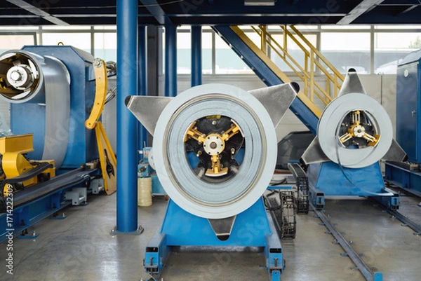 Fototapeta Industrial equipment for working with coil metal. Decoiler holds and unwinds metal coil. Slitting or cut-to-length line - cut coil metal into strips. Crane with hook - used for moving coils.