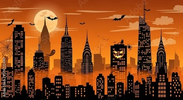 Fototapeta Spooky halloween night cityscape silhouette with ghosts and bats flying around moon