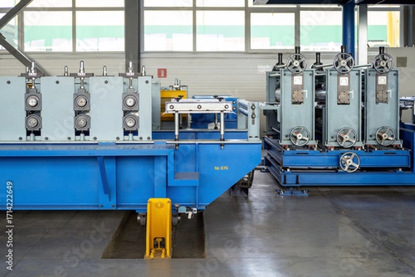 Fototapeta Part of a coil slitting or cut-to-length or roll forming line. A machine that form flat coil metal into shaped profiles.