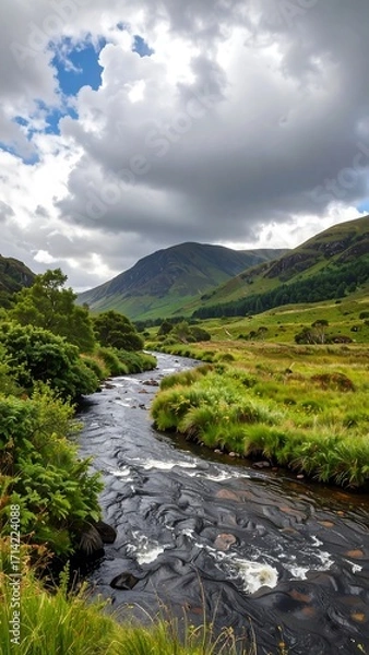 Fototapeta Mountain river valley, cloudy sky