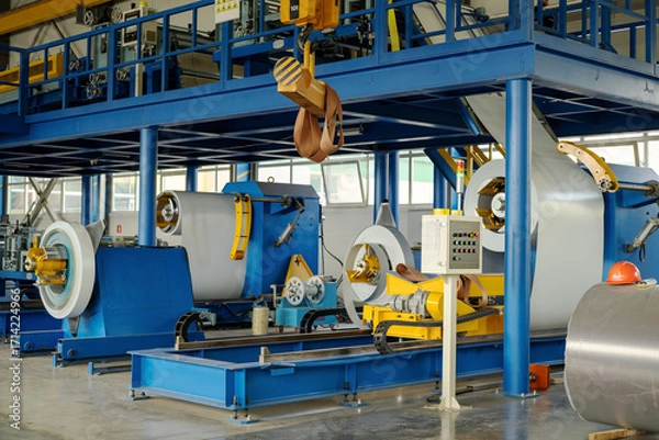 Fototapeta Industrial equipment for working with coil metal. Decoiler holds and unwinds metal coil. Slitting or cut-to-length line - cut coil metal into strips. Crane with hook - used for moving coils.