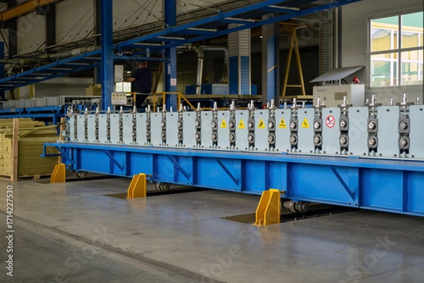 Fototapeta Part of a coil slitting or cut-to-length or roll forming line. A machine that form flat coil metal into shaped profiles.