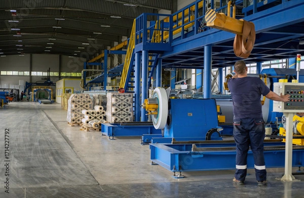 Fototapeta Industrial equipment for working with coil metal. Decoiler holds and unwinds metal coil. Slitting or cut-to-length line - cut coil metal into strips. Crane with hook - used for moving coils.