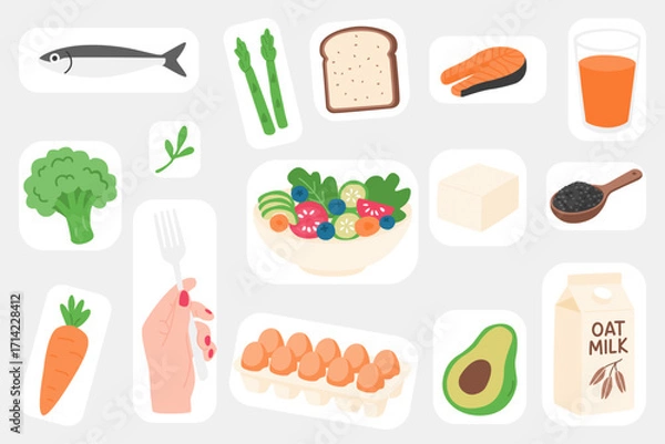 Fototapeta A collection of healthy food icons in a sticker style, representing a balanced diet and nutrition with items like salmon, avocado, fresh vegetables, salad, eggs, and oat milk