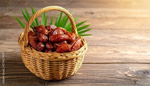 Fototapeta Dried dates in a wicker basket on a wooden table
