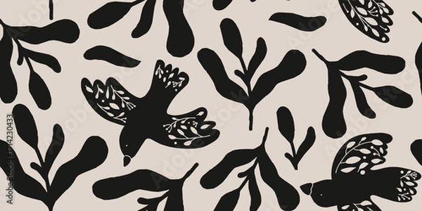 Fototapeta Elegant Bird and Foliage Print Pattern
