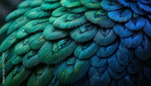 Obraz A close-up view of vibrant, layered feathers, showcasing a spectrum of teal and deep blue hues.