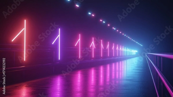 Fototapeta Neon-lit walkway with upward-pointing arrows
