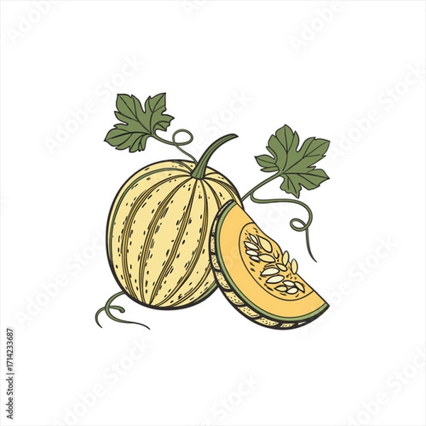 Obraz Hand drawn illustration of a whole cantaloupe melon and a slice with leaves