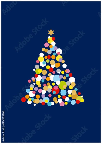 Fototapeta カラフルな丸の集合で作ったかわいらしい雰囲気のクリスマスツリー