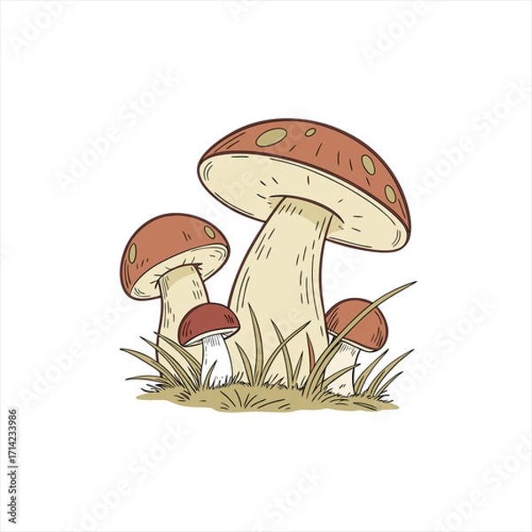 Obraz Illustration of a cluster of brown and cream colored mushrooms growing in grass
