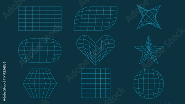 Fototapeta Basic Geometric Wireframe Shapes in Cyan on Dark Teal Background