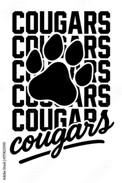 Fototapeta Cougars sports logo featuring large paw print and repeating COUGARS text in bold varsity-style black and white design
