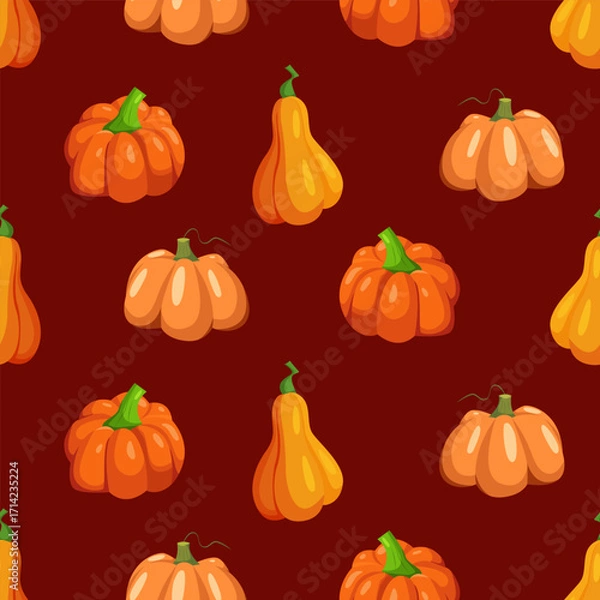 Fototapeta Pumpkin Seamless Pattern on a Brown Background. Autumn Harvest. Vector Fall Illustration.