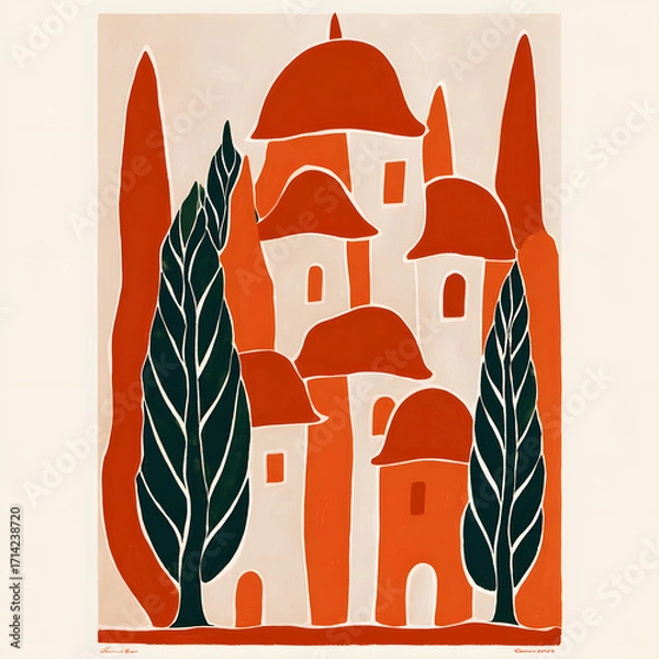Fototapeta Abstract illustration of red-roofed houses with tall trees in bold orange and green tones, perfect for modern wall art and contemporary design projects.
