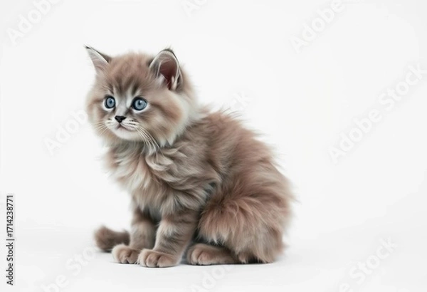 Fototapeta A fluffy grey kitten sits alone against a pure white backdrop, studio, mammal