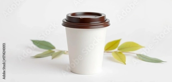 Fototapeta A single-use paper coffee cup with a dark brown lid, isolated on white,  close-up,  element