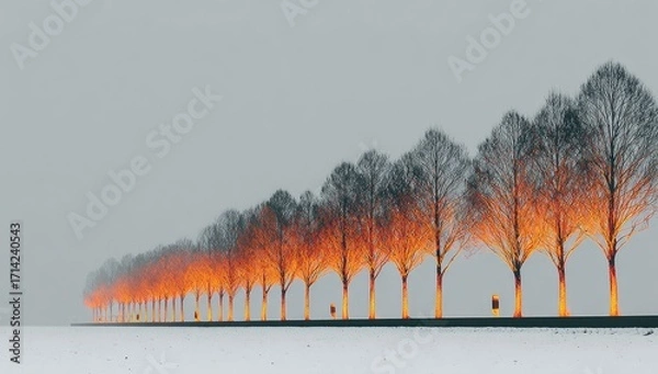 Fototapeta A row of bare winter trees, illuminated with warm orange light, stands on a snow-covered field.  A light mist hangs in the air, creating a soft, ethereal atmosphere