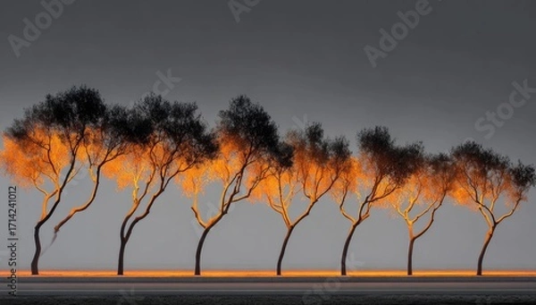 Fototapeta Row of trees illuminated by an orange light, silhouetted against a muted gray sky
