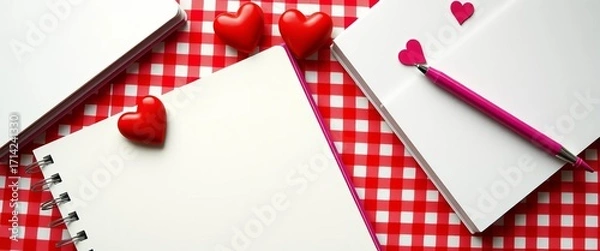Fototapeta Blank sketchbook, pen, hearts on red and white gingham background, paper, background