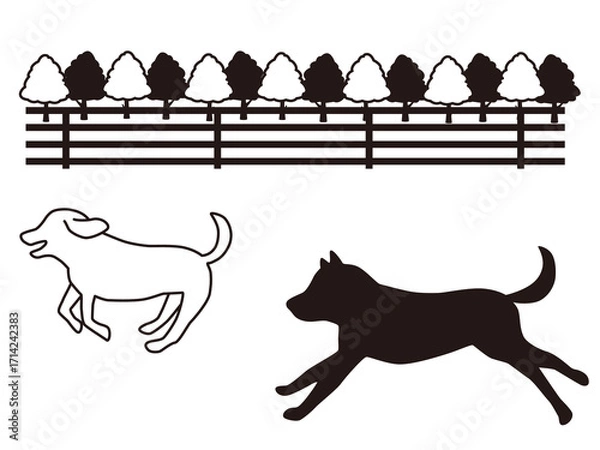Obraz ドッグランで走る犬のモノクロイラスト
