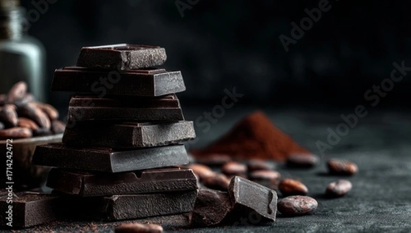 Fototapeta Dark chocolate pieces stacked with cocoa beans bars
