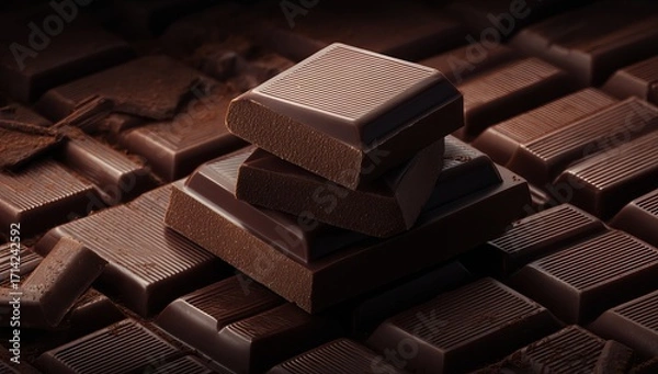 Fototapeta Stack of dark chocolate bars with texture food sweet